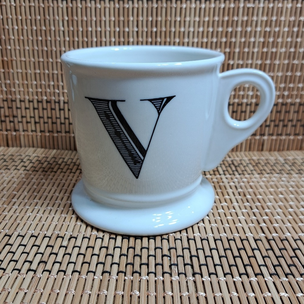 Anthropologie Coffee Mug Monogram White/‎ Black Letter V With Small Round Handle